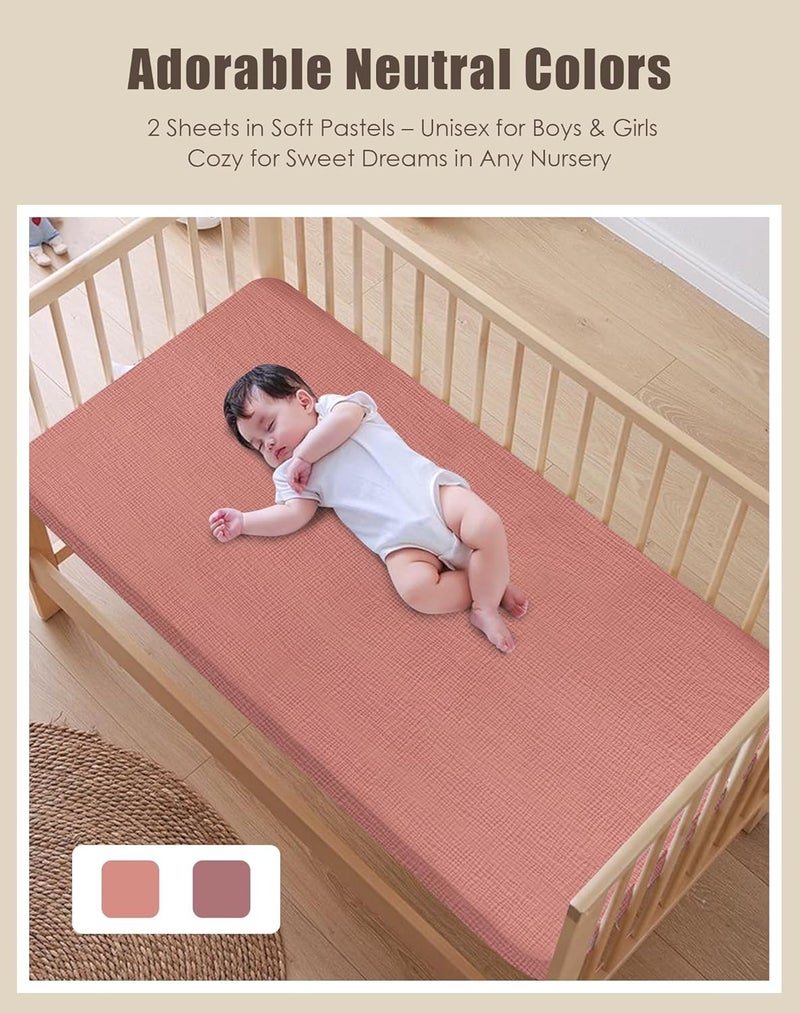 SWEET DOLPHIN 2-Pack Muslin Crib Sheets for Boys & Girls, Ultra Soft Breathable 40S Long-Staple Cotton Fitted Baby Sheets for Standard Crib Mattress 52"x28", Deep Bean Paste- Nursery Essentials - Image 4
